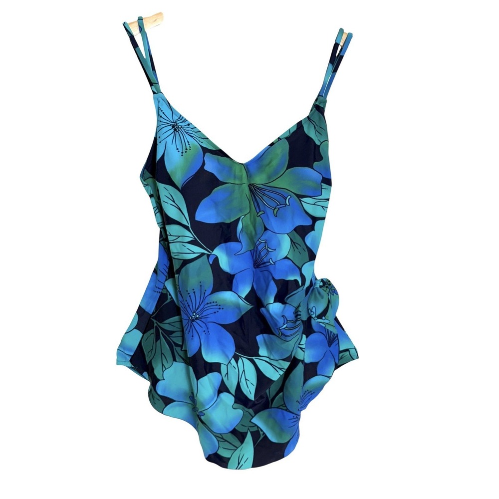 Vintage Rose Marie Reid One Piece Skirted Swimsuit Sz‎ 14 Teal Floral Soft Cups